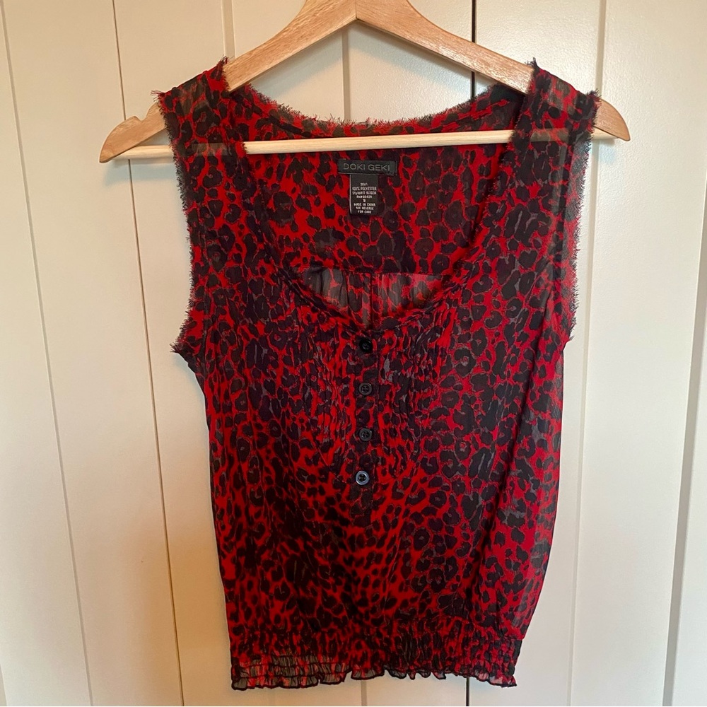 ❤️Doki Geki-Red and Black Animal Print Blouse, Elastic Waistband-Size S